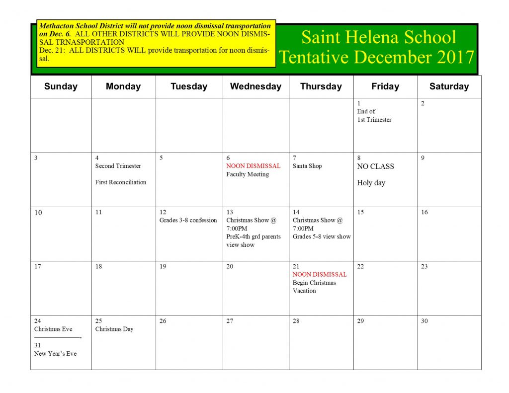 Calendar Saint Helena School