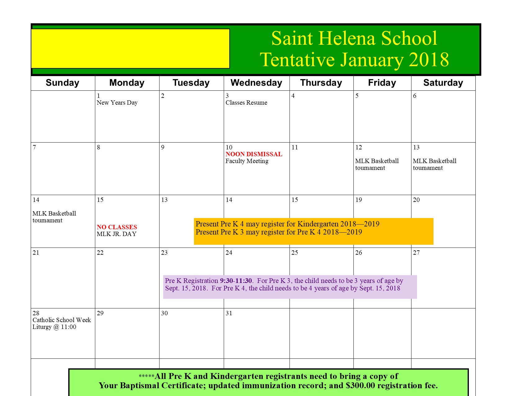 Calendar Saint Helena School