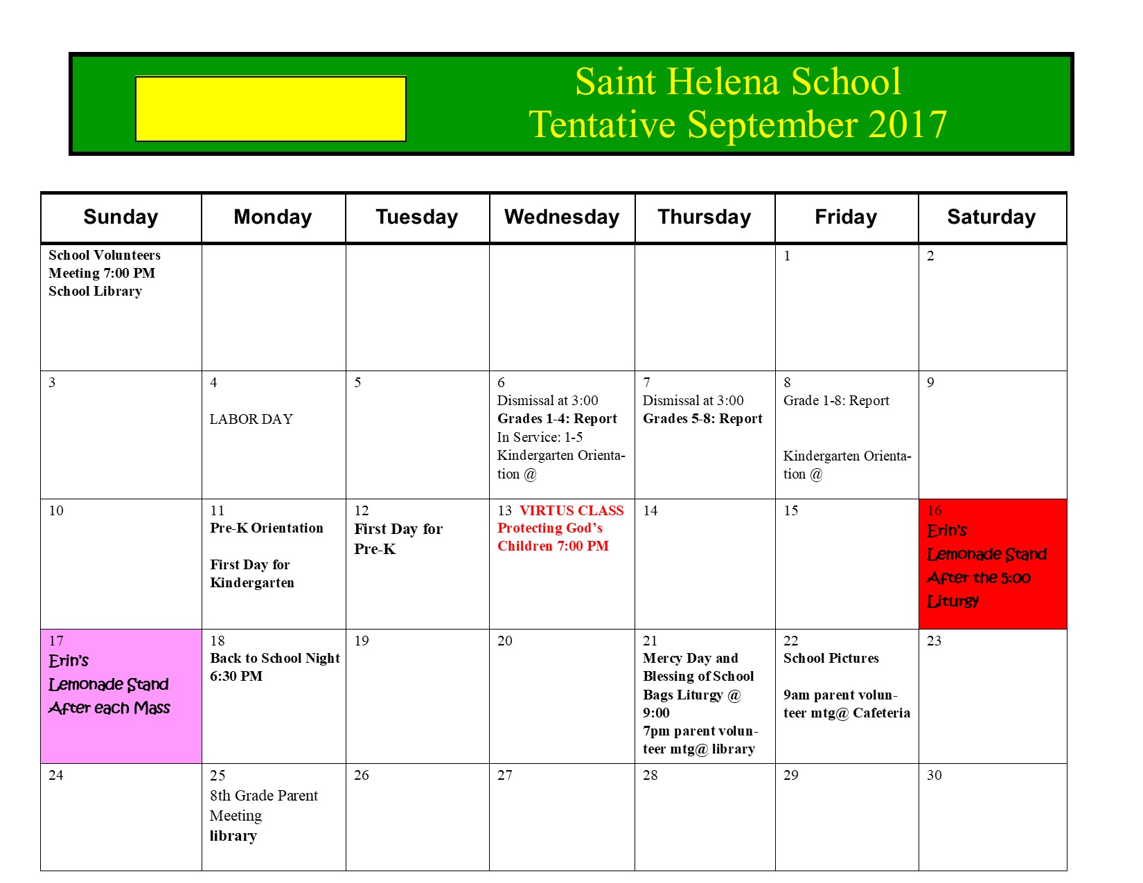 Calendar Saint Helena School